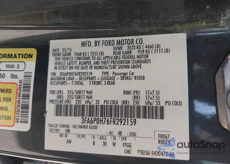 2015 Ford Fusion Se из США, поврежденный, VIN 3FA6P0H76FR292159